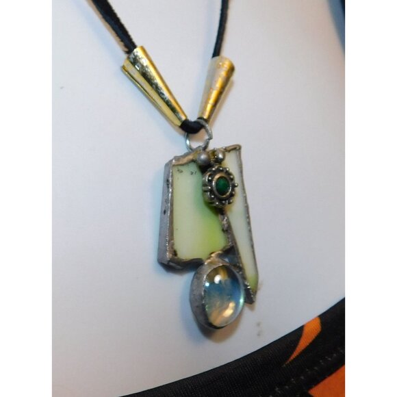 Handmade Abstract Green Stained Glass Pendant Necklace - Picture 5 of 6